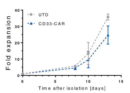 Time-lapsed amplification detection of 2nd CD33 CAR-transduced NK cells in the presence of IL-2 and IL-15.