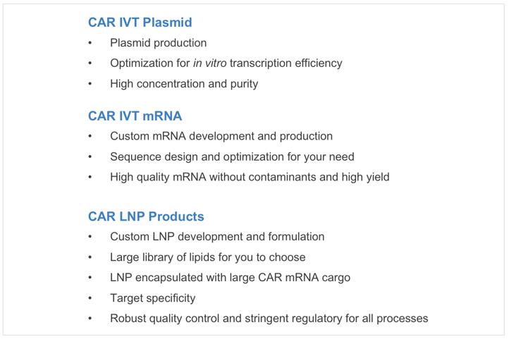 CAR IVT Plasmid / mRNA / LNP products developing services at Creative Biolabs.