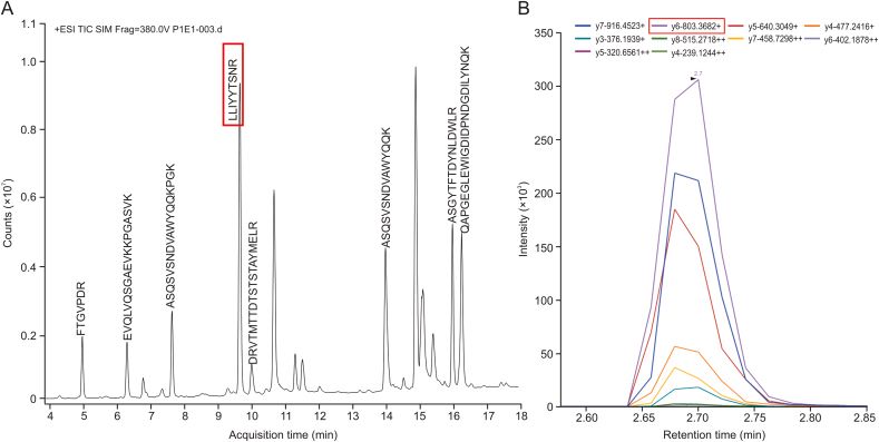 Optimization of MS parameters of the surrogate peptide. (A) The peptide LLIYYTSNR on the light chain of SHR-1222 showed the highest signal in full mass scan and (B) the transitions and collision energy of LLIYYTSNR were optimized using Skyline software. (Gao, Y., et al., 2021)