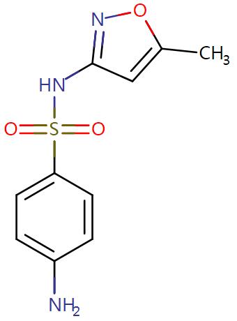 The chemical structure of sulfamethoxazole (3-Sulfanilamido-5-methylisoxazole).