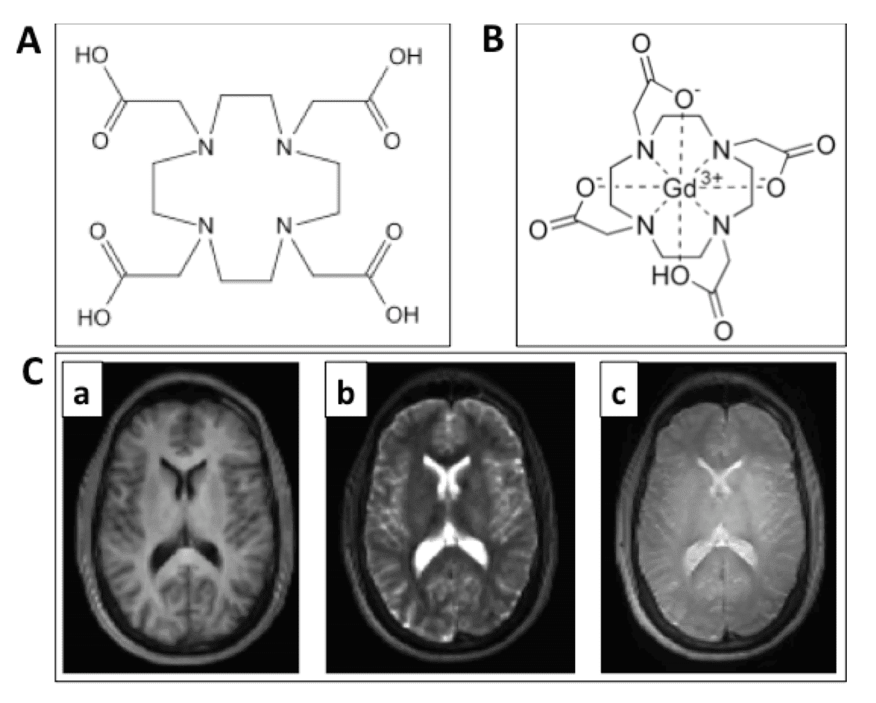 Fig.1 Schematic representation of common MRI contrast agents and their scanning results. (OA Literature)