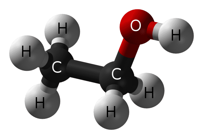 Ethanol consists of two carbons, six hydrogens, and one oxygen.