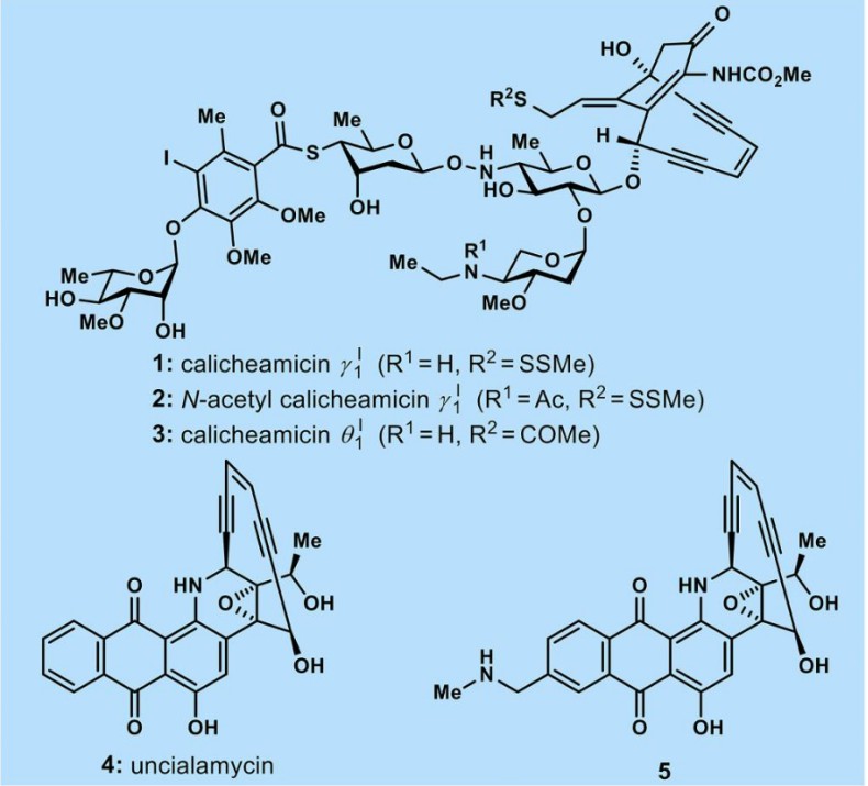 Fig. 1. Molecular structures of natural product calicheamicin γI 1 (1), N-acetyl calicheamicin γI 1 (2), totally synthetic calicheamicin θI1 (3), natural product uncialamycin (4), and potent uncialamycin analog (Nicolaou KC, et al., 2021)