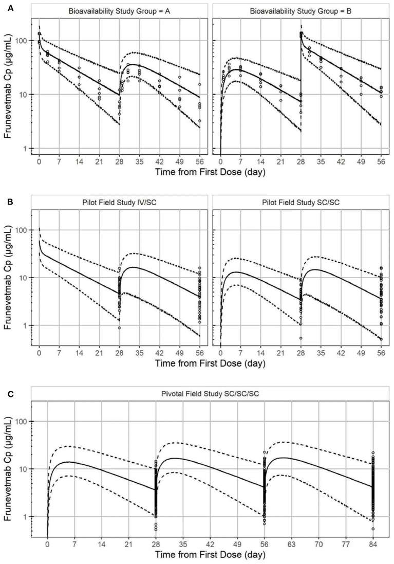 Modeled and observed frunevetmab serum concentration-time profiles after intravenous and subcutaneous dosing in cats with osteoarthritis (OA Literature)