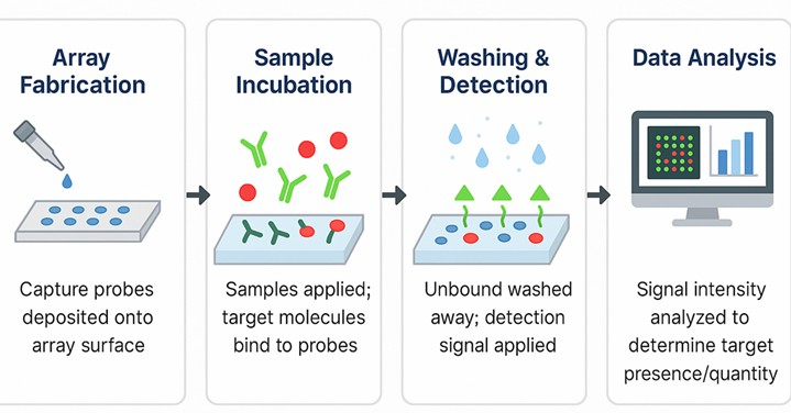 Fig.1 Step-by-step schematic showing the experimental workflow of the 100 N-glycan microarray, including glycan immobilization, sample incubation, detection, and data analysis. (Creative Biolabs Original)