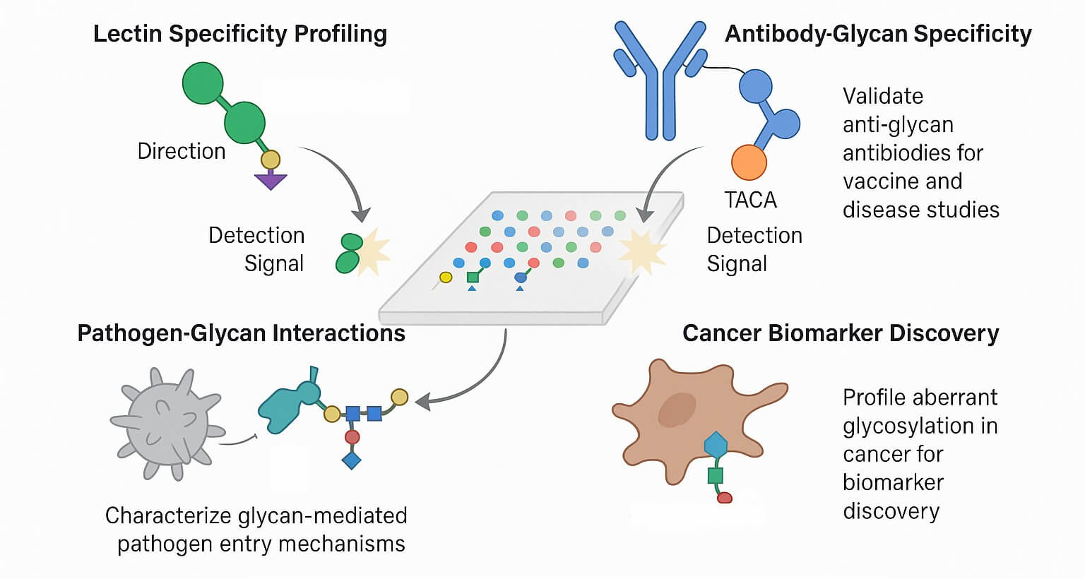 Fig.2 Illustration of N-glycan microarray applications, including glycan–antibody profiling, pathogen binding analysis, and glyco-biomarker discovery in cancer and immunology. (Creative Biolabs Original)