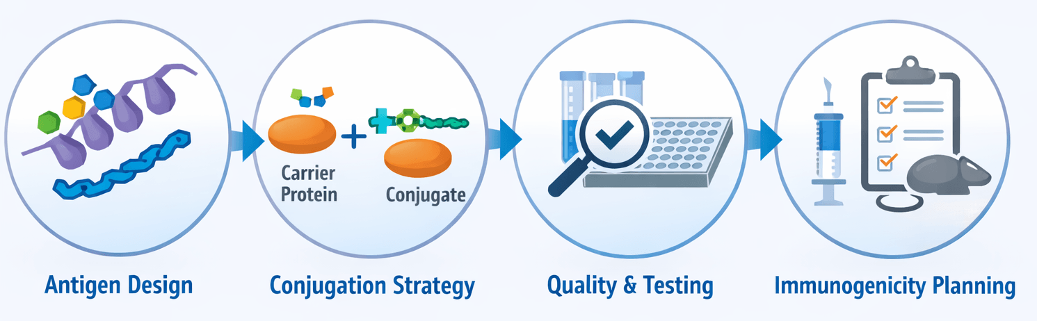 Four-stage sequence showing antigen design, conjugation strategy, quality and testing, and immunogenicity planning. (Creative Biolabs Original)