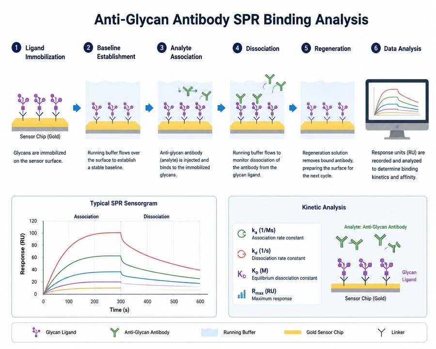 Fig.1 Stepwise schematic of anti-glycan antibody SPR binding analysis showing ligand immobilization, baseline establishment, analyte association and dissociation, surface regeneration, and kinetic data interpretation. (Creative Biolabs Original)