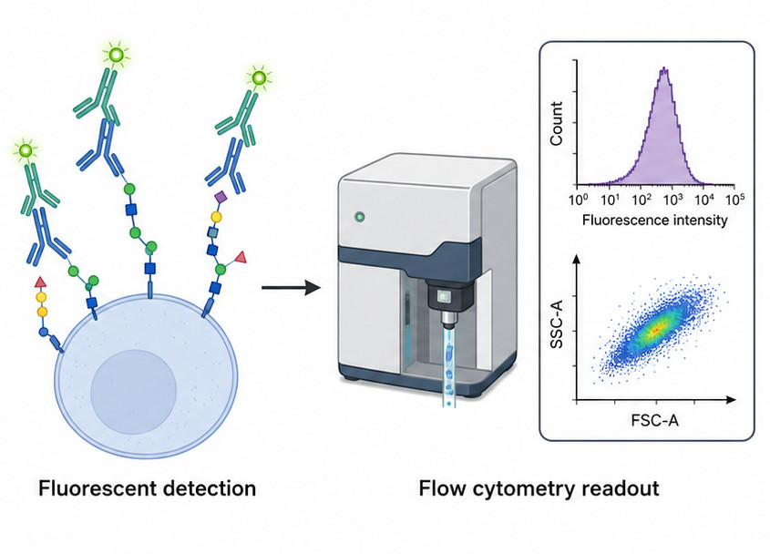 Fig.1 Flow cytometry workflow illustrating fluorescent antibody detection and data readout. (Creative Biolabs Original)