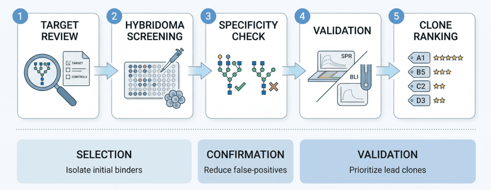 Fig.2 Hybridoma screening for anti-glycan binders workflow. (Creative Biolabs Original)