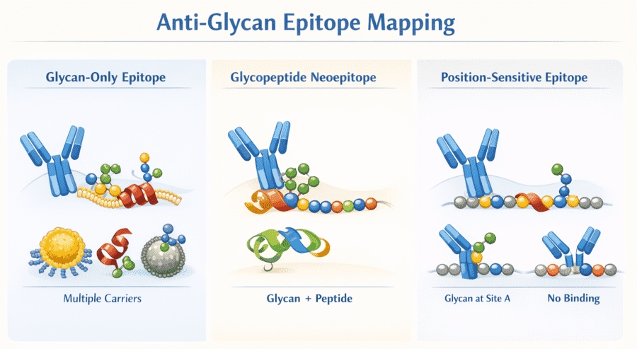 Fig.1 Diagram of anti-glycan epitope mapping showing three types: glycan-only epitopes on multiple carriers, glycopeptide neoepitopes, and position-sensitive epitopes. (Creative Biolabs Original)