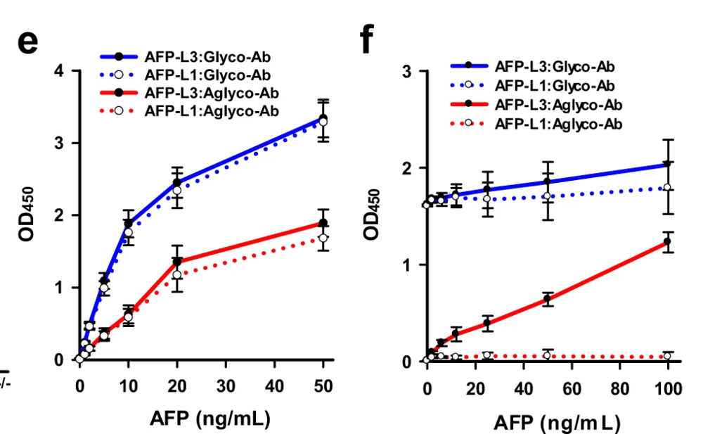 Fig.3 Quantitative comparison of total AFP and AFP-L3 assays showing that an aglycosylated capture antibody maintained practical total AFP measurement while enabling clearer, more concentration-dependent AFP-L3 detection than a conventional glycosylated antibody in a lectin-coupled format. (OA Literature)