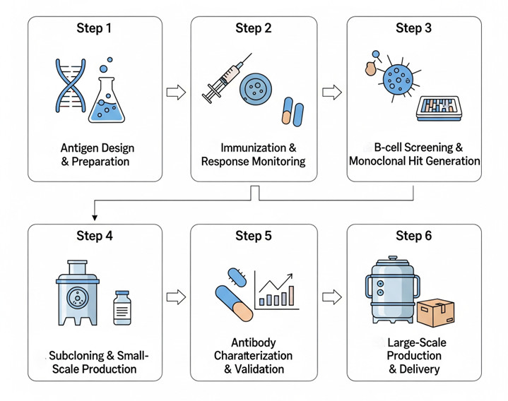 Fig.2 Graph illustrating the sequential steps in developing GD3-targeted therapeutic strategies, including antigen design, immunization, B-cell screening, subcloning, antibody characterization, and large-scale production. (Creative Biolabs Original)