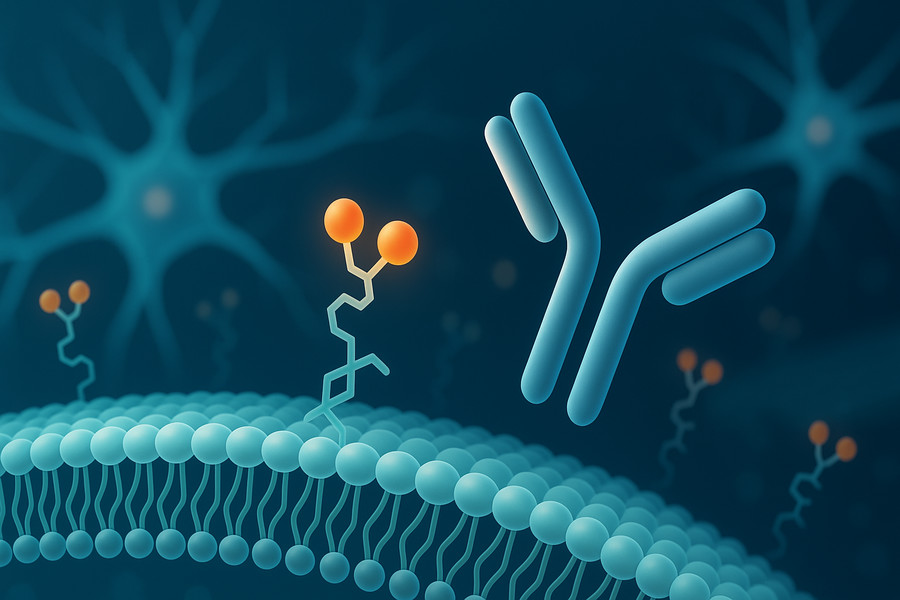 Anti-GT1b Antibodies binding GT1b on a neuronal membrane, illustrating glycan–antibody recognition in Neurological Autoimmunity research. (Creative Biolabs Original) 