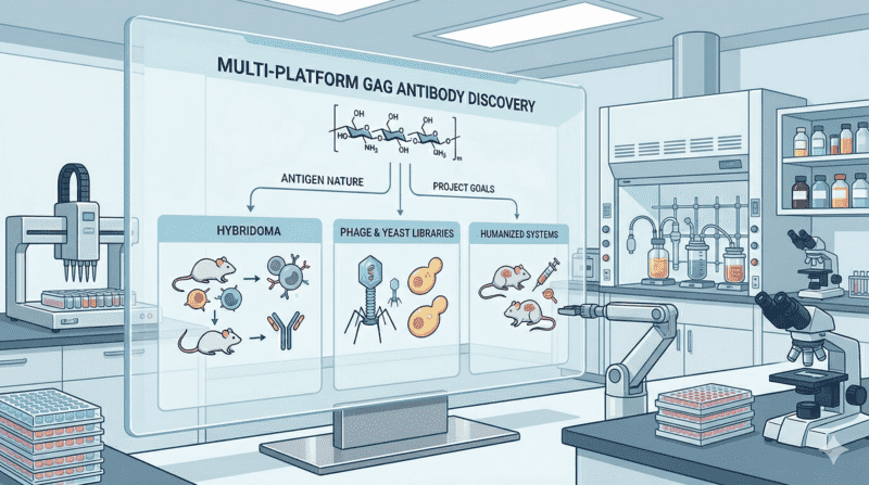 Fig.2 The schematic of multi-platform discovery and engineering workflow for anti-GAG antibody development. (Creative Biolabs Original)