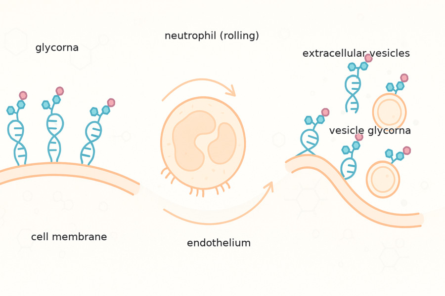 Fig.1 Illustration of glycorna on cell membranes, neutrophil rolling on endothelium, and extracellular vesicles with vesicle glycorna. (Creative Biolabs Original)