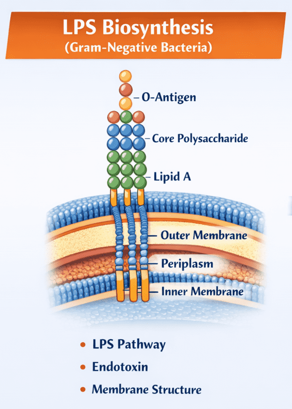 Fig.1 The Schematic diagram of Lipopolysaccharide structure showing Lipid A, Core, and O-antigen domains vertically aligned. (Creative Biolabs Original)
