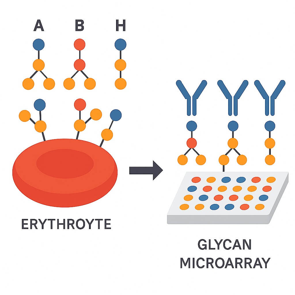 Fig.1 ABH blood group antigens on a red blood cell and their corresponding detection using a ABH antigen microarray. (Creative Biolabs Original)