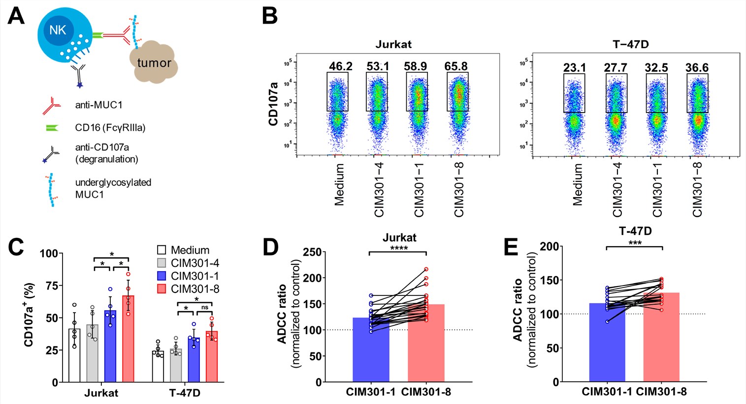 Fig.4 Bar charts demonstrating increased tumor cell lysis and ADCC activity by defucosylated anti-MUC1 antibodies. (OA Literature)
