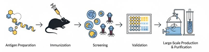 Fig.2 Flowchart of anti-GM2 antibody development: GM2 antigen design, immunization/library build, positive GM2 screening with negative selection vs related gangliosides, validation, scale-up production and purification. (Creative Biolabs Original)