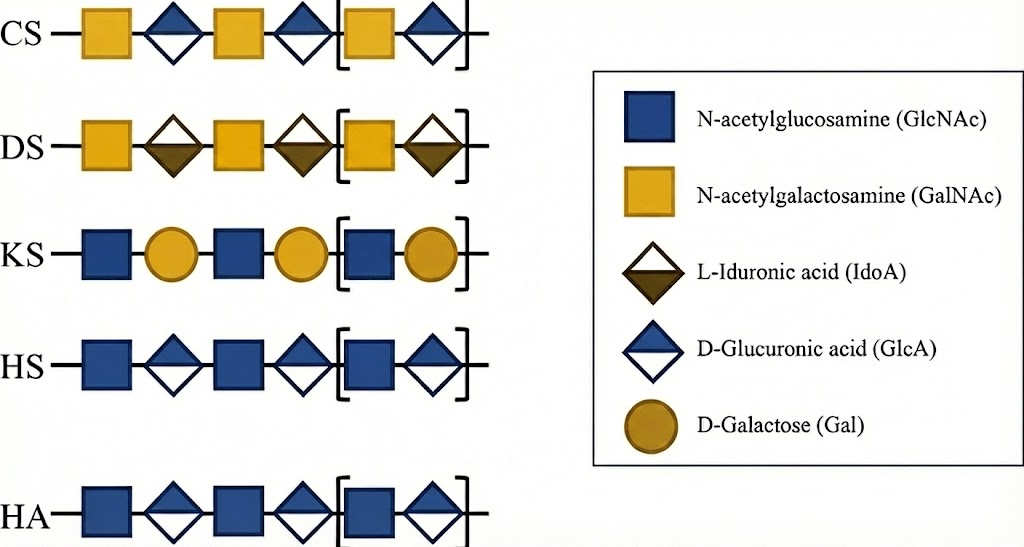 Fig.1 Structural composition of Glycosaminoglycans (GAGs) including CS, DS, KS, HS, and HA. (Creative Biolabs Original)