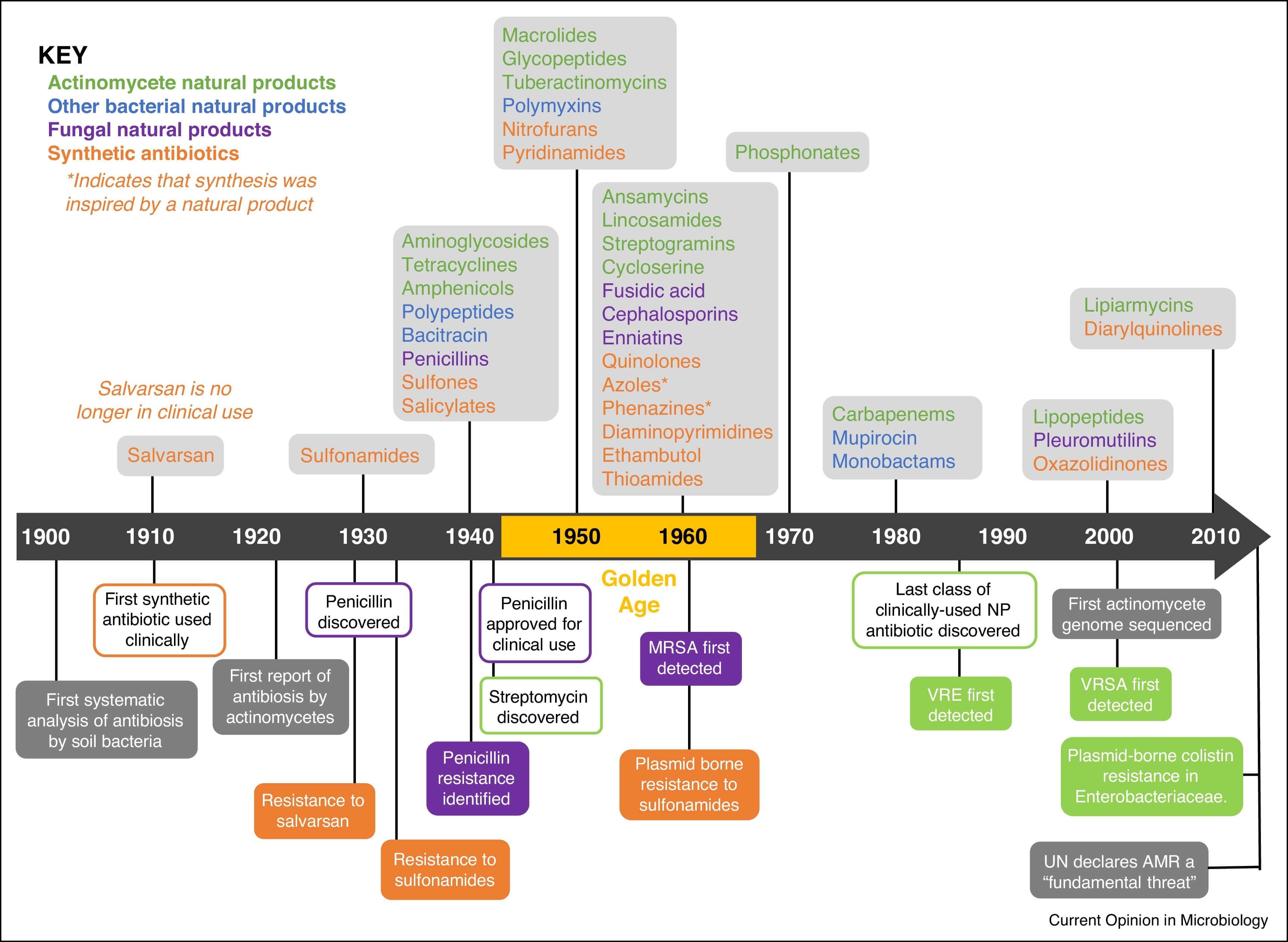 Figure 1 Timeline Highlighting the Introduction of New Antibiotic Classes by Decade. (OA Literature)