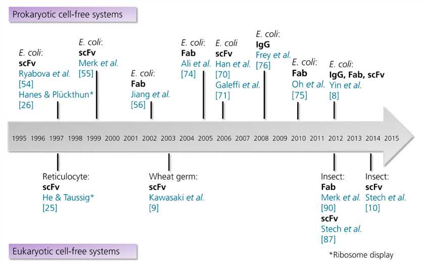 Timeline showing the milestones in the cell-free synthesis of antibody fragments and antibodies.