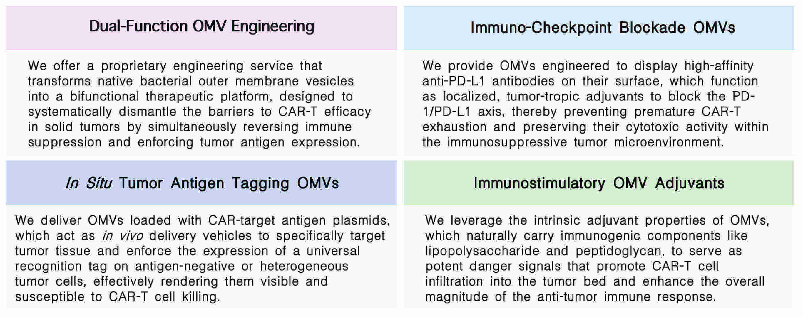 Featured services of OMV strain engineering for enhanced CAR-T adjuvant potency at Creative Biolabs. (Creative Biolabs Original)