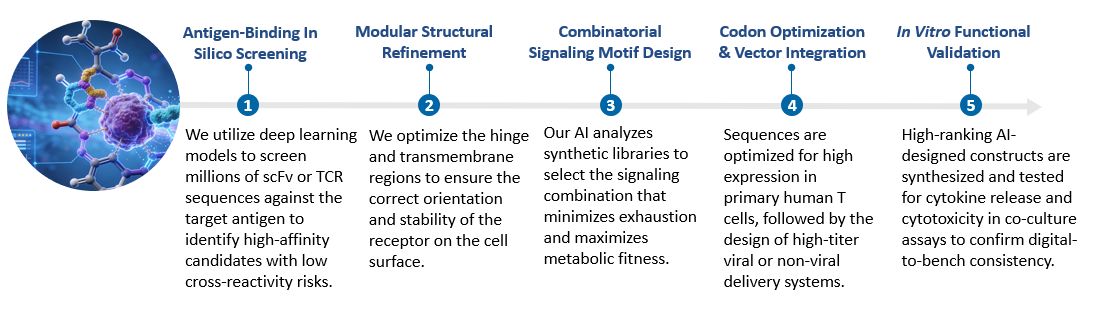 Workflow of AI-Enhanced Construct Engineering & Design for CAR/TCR Development. (Creative Biolabs Original)