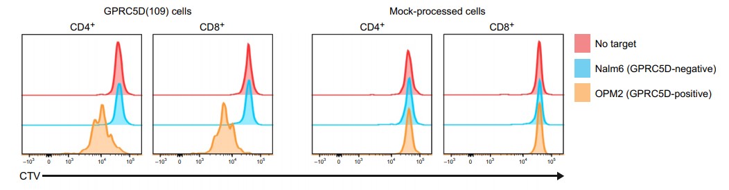 Fig.1 Proliferation of GPRC5D CAR T cells cultured alone, with GPRC5D− or GPRC5D+ cells was tested by flow cytometry analysis. (Smith, et al., 2019)