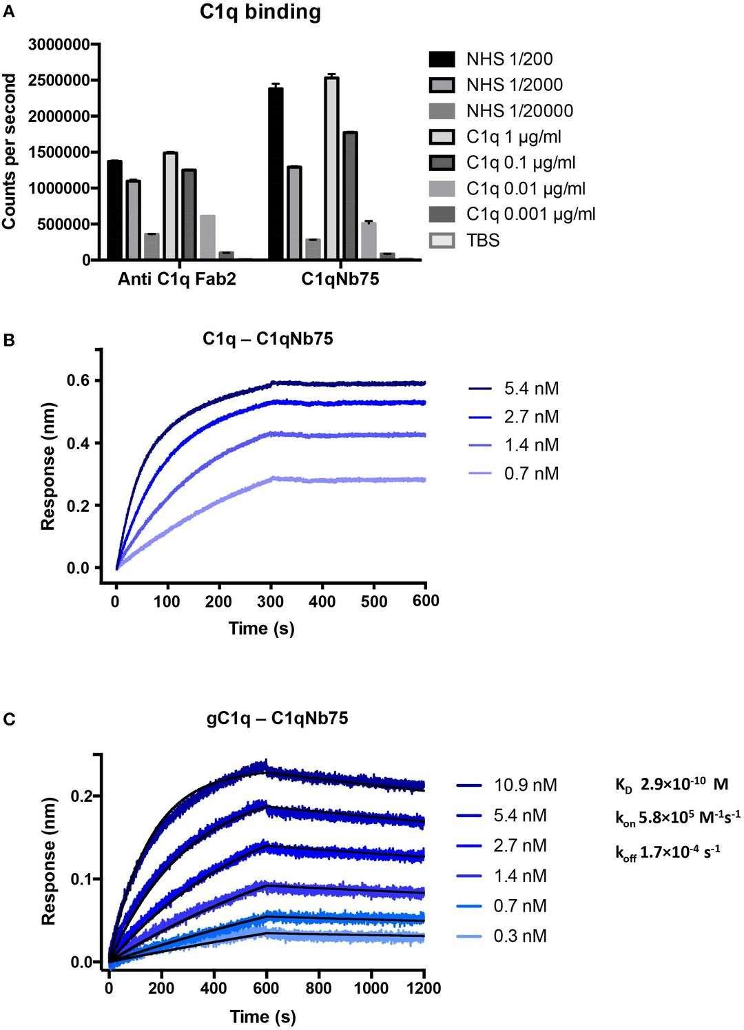  C1qNb75 binds with high affinity to human C1q.