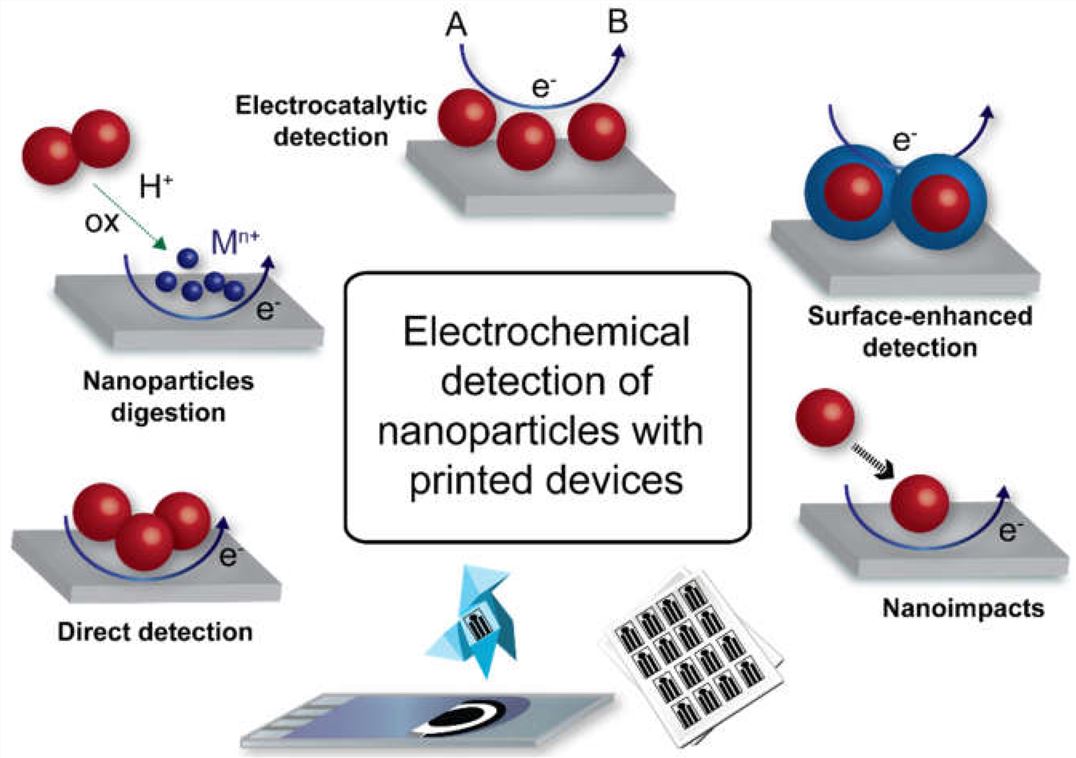 Scheme illustrating the different electrochemical strategies described in this review for the detection of nanoparticles using printed devices.