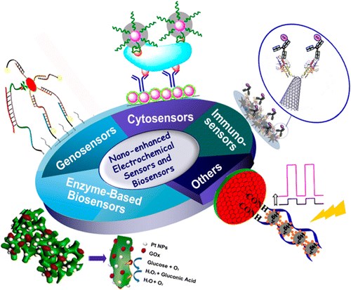 Schematic illustration of electrochemical sensors and biosensors based on nanomaterials and nanostructures. 