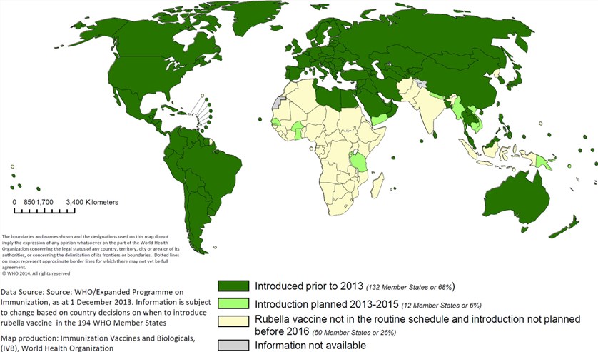Distribution of countries using rubella vaccine in their routine immunization schedule in 2012 and countries planning introduction during 2013-2015.