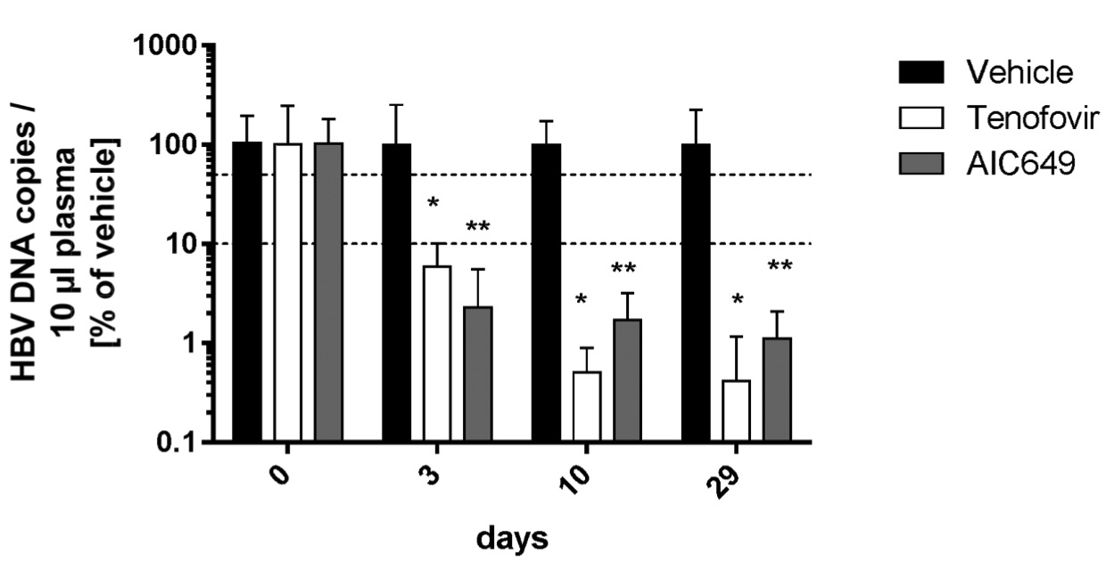 AIC649 reduces the HBV titer in HBV transgenic mice to a level comparable to Tenofovir. (OA Literature)