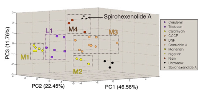 A 3D PCA graph for Spirohexenolide A MOA determination by BCP.