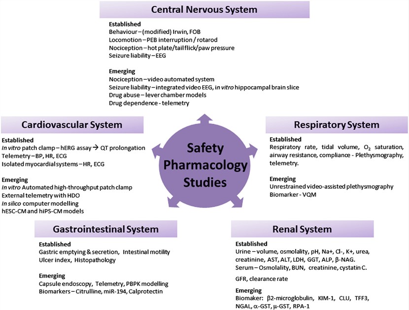 Established and emerging parameters and techniques in safety pharmacology studies.
