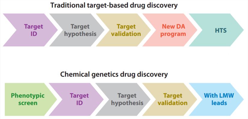 Conventional target-based drug discovery approach versus chemical genetics drug discovery approach.