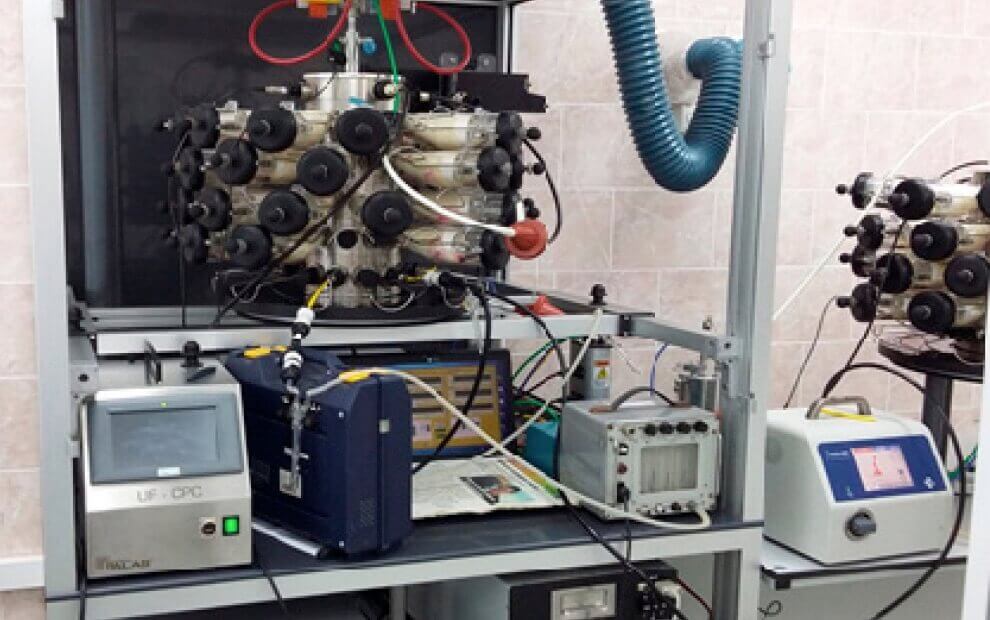 Fig. 1 The nose-only inhalation device and a similar tower for the sham exposure of the control group. 