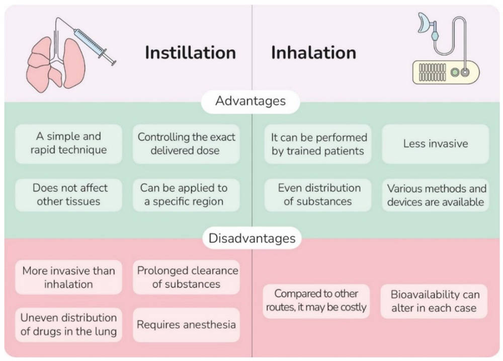 A comparison of advantages and disadvantages of intratracheal instillation and inhalation related to human use.