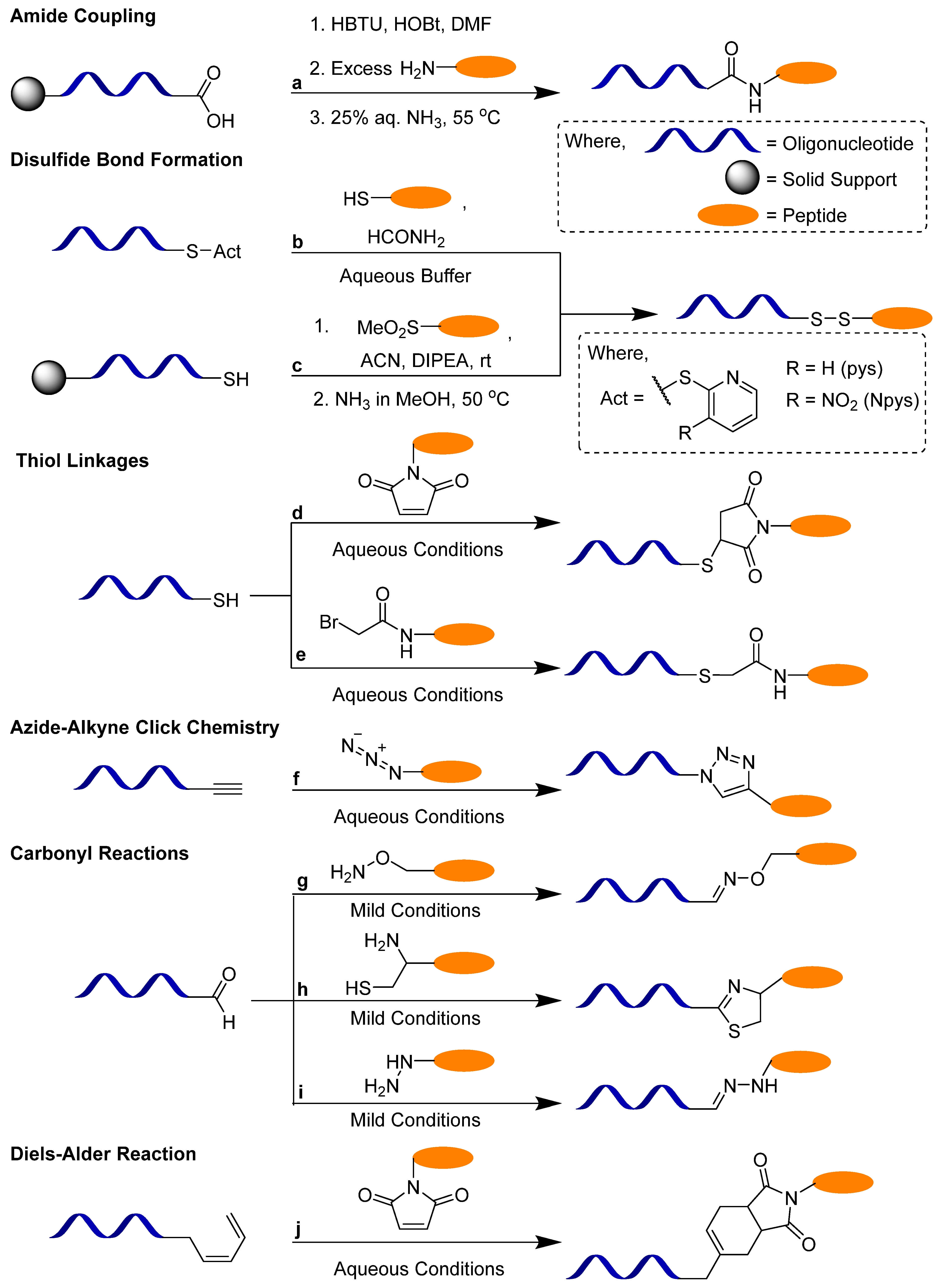 Common post-POC synthesis reactions include amide conjugate, disulfide bond formation, thiol-maleimide click chemistry, oxime, hydrazone, thiazole bond formation, and copper-catalyzed azide-alkyne cycloaddition (CuAAC) click chemistry, as well as other novel post-synthesis methods: Natural chemical linking, Diels-Alder reaction, nitrile-aminothiol coupling, and metal-free thiol-ene click reaction with vinyl pyrimidine linker. (OA Literature)
