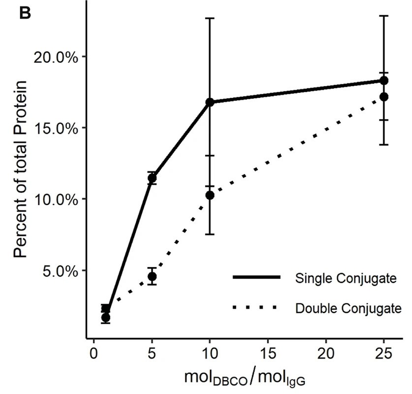 The efficiency of antibody-oligonucleotide click conjugate depends on the molar ratio of DBCO to antibody used in the functionalization reaction. (OA Literature)