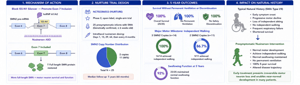 Figure 2. Presymptomatic nusinersen alters SMA disease course. Early intervention reshapes the natural history of spinal muscular atrophy. (Creative Biolabs Original)