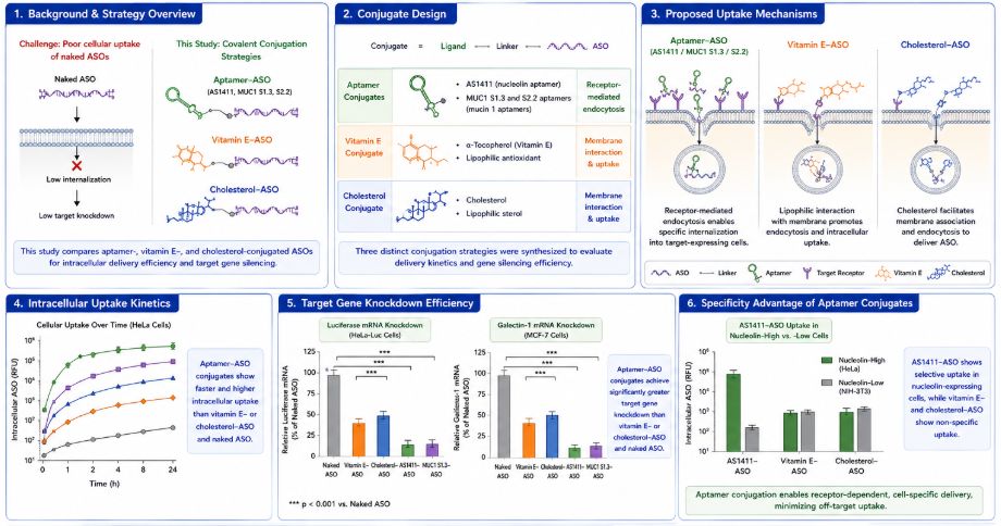 Figure 2. Comparative ASO delivery using aptamer, vitamin E, and cholesterol conjugates. (Creative Biolabs Original)