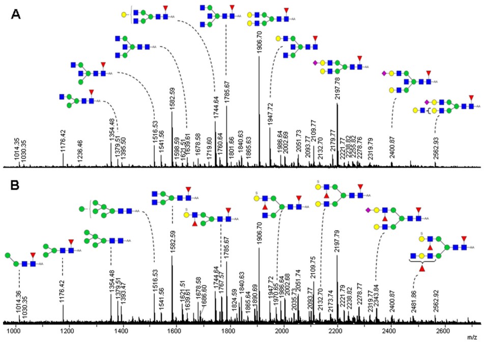 Fig. 2. MS spectra of N-glycans from paired tumor (B) and control (A) tissues. (OA Literature)
