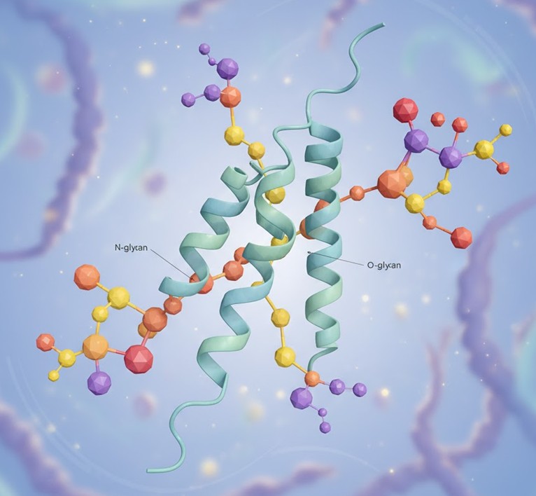A scientific illustration of protein glycosylation, showing branched sugar chains (glycans) attached to a protein structure. (Creative Biolabs Original) 