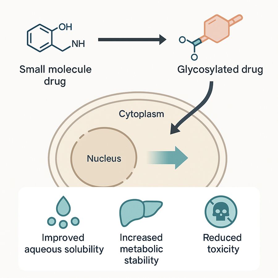 Fig.1 A diagram showing small molecule drug glycosylation, enhancing solubility, stability, and reducing toxicity. (Creative Biolabs Original)