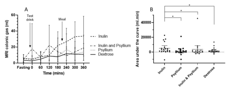 Fig.3 Change in MRI Colonic Gas from Fasting Values for Test Drinks Containing Inulin, Psyllium, Inulin & Psyllium, and Dextrose. (OA Literature)