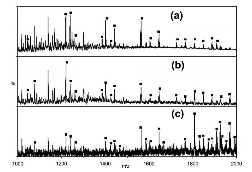 Mass spectra of oLHalpha glycopeptides on the Q-TOF