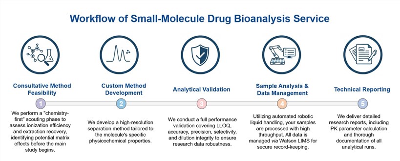 Core steps of small-molecule drug bioanalysis service. (Creative Biolabs Original)